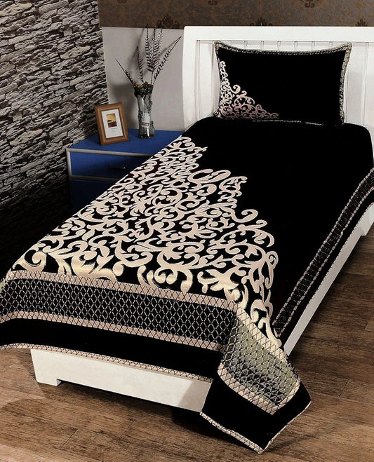 Fresh From Loom Chenille Floral 500 TC Heavy Bedsheet for Single Bed Size Black Color with 1 Pillow Cover