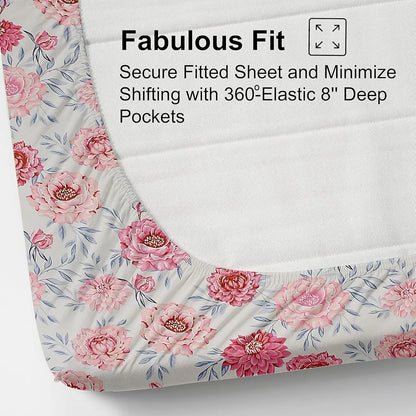 Fresh From Loom Floral Print 240 TC King Size Microfiber Fitted Bedsheet Set Soft & Anti Fade 2 Pillow Covers Included Rose-Offwhite