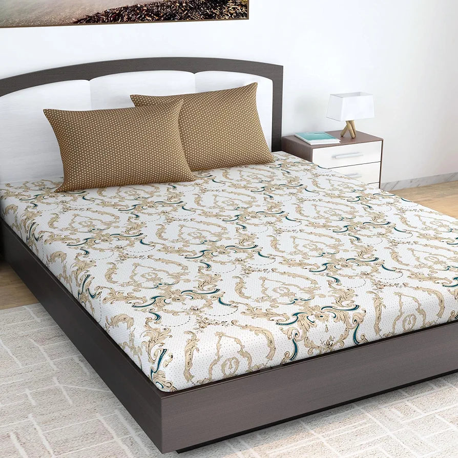 Divine Casa 144 TC King Size Bedsheet Set 100% Pure Cotton Fade Resistant 2 Pillow Covers Colour Ivory Gold