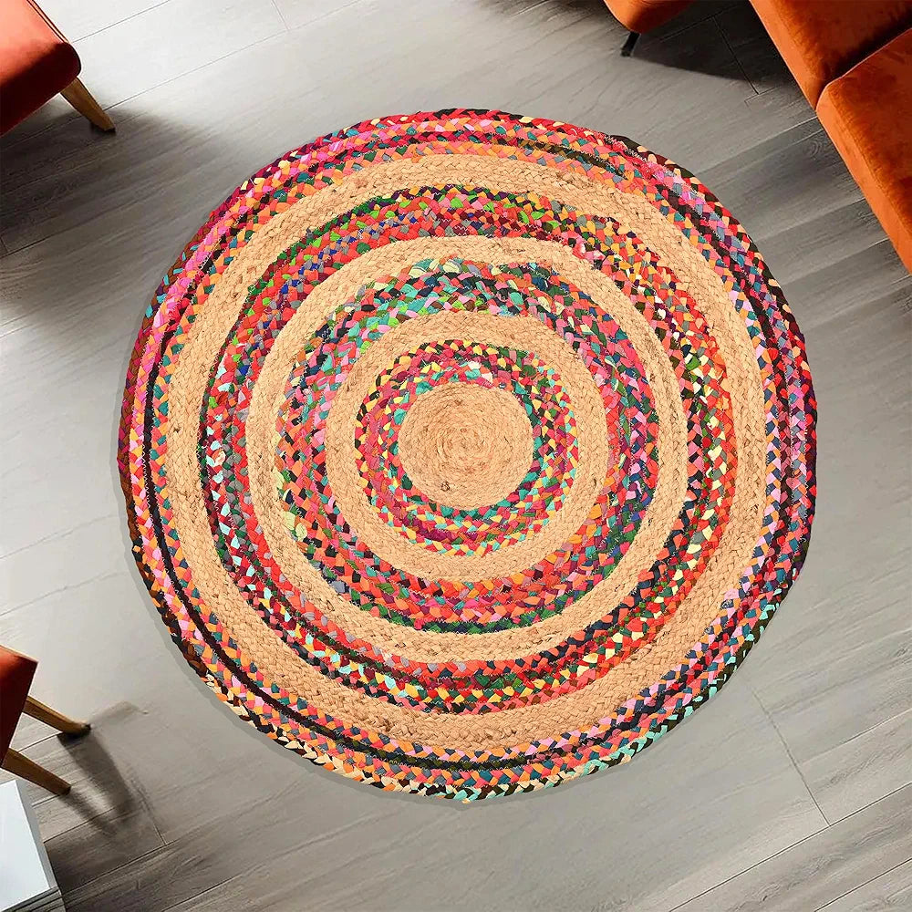 Kuber Industries Satranji Round Jute Rug & Carpet for Home & Bedroom Stripes Pink