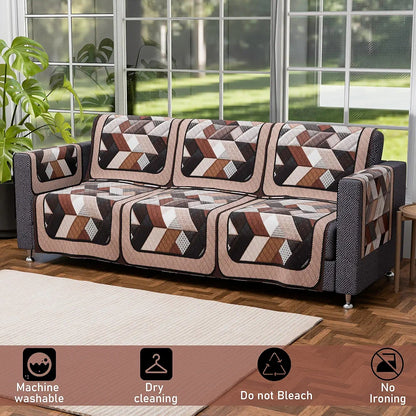 Kuber Industries Set of 16 Velvet Anti-Skid Sofa Cover 5-Seater with Arm Cover Triangular Cream & Brown