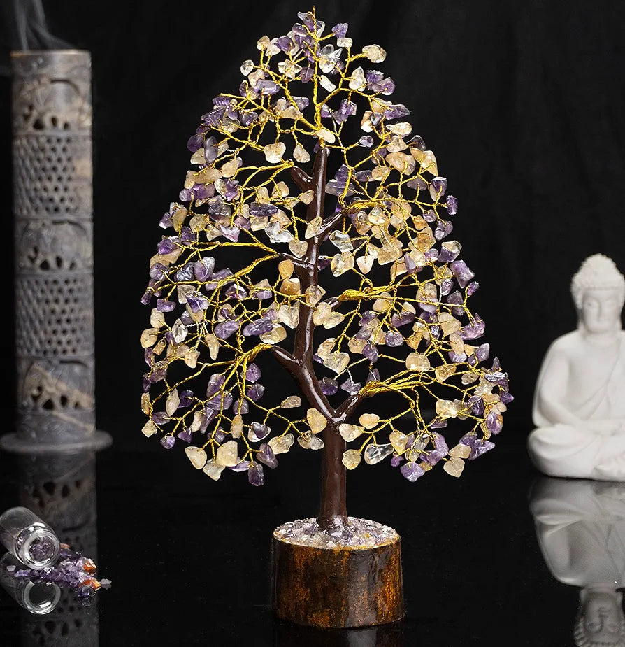 HindCraft Amethyst & Citrine Crystal Tree Golden Wire 10-12 inch