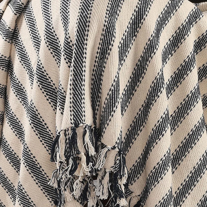 Sashaa World Striped Sofa Throw Medium with Tasselled Edges Colour Navy Striped