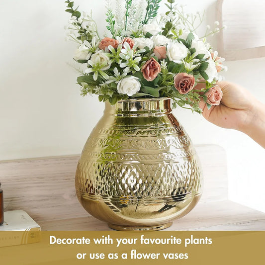 Behoma Matki Shape Metal Flower Vase Traditional Embossed Metal Flower Pot Golden Flowers not Included