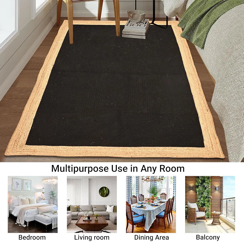 Kuber Industries 3x5 Feet Reversible Carpets for Living Room Machine Washable Border Black & Beige