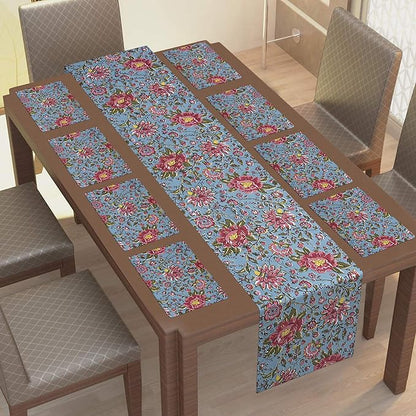 Texstylers Cotton Canvas Block Printed Jaipuri Rajasthani 1 Table Runner and 8 Placemat Set Red Green