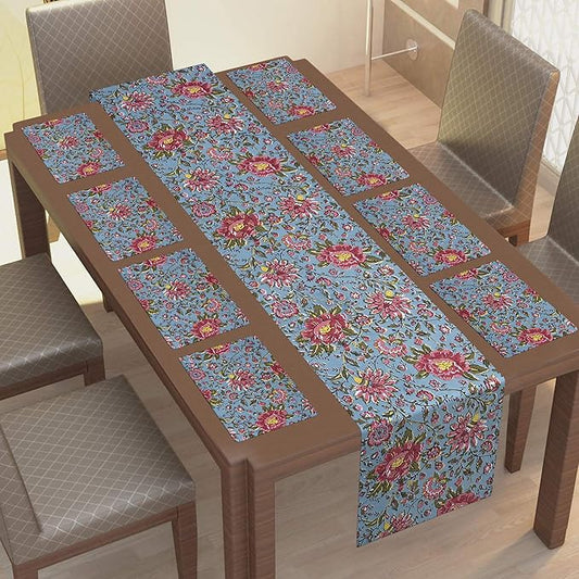 Texstylers Cotton Canvas Block Printed Jaipuri Rajasthani 1 Table Runner and 8 Placemat Set Red Green