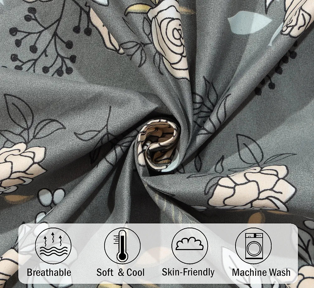 Fresh From Loom King Size Microfiber Fitted Bedsheet Set with Floral Print 240 TC Anti Fade 2 Pillow Covers Rose Oslo Grey