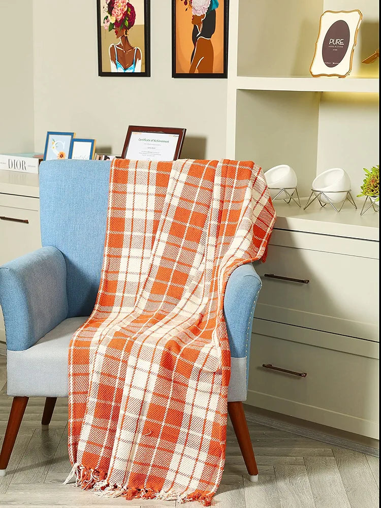 Sashaa World Plaid Blanket Throw Colour Orange & White