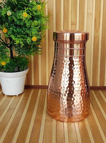 Indian Art Villa Pure Copper Bedroom Water Bottle With Inbuilt Glass Hammered Shine Design