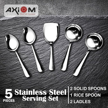 Axiom Stainless Steel Serving Tools 5 Piece Heavy Gauge Non-Stick Set Spoon for Serving