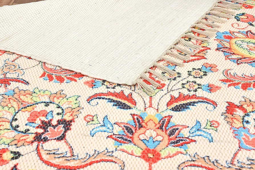Homadorn Handmade Sustainable Printed Modern Dhurrie/Rugs/Carpet Colour Off white