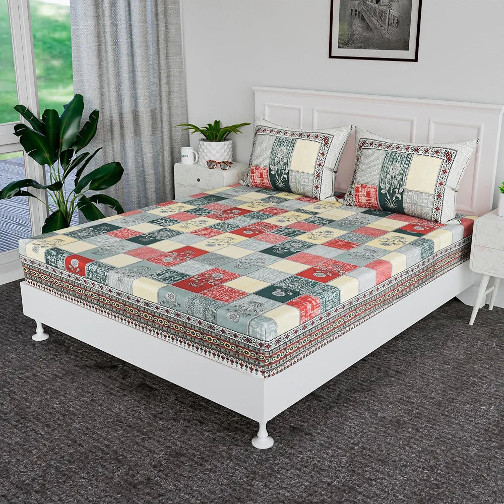 Kuber Industries Cotton Bedsheets for Double Bed with 2 Pillow Covers Candy Flower Green & Yellow