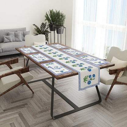 Blocks Of India Hand Block Printed Cotton Table Runner Mat and Napkin Blue Buta