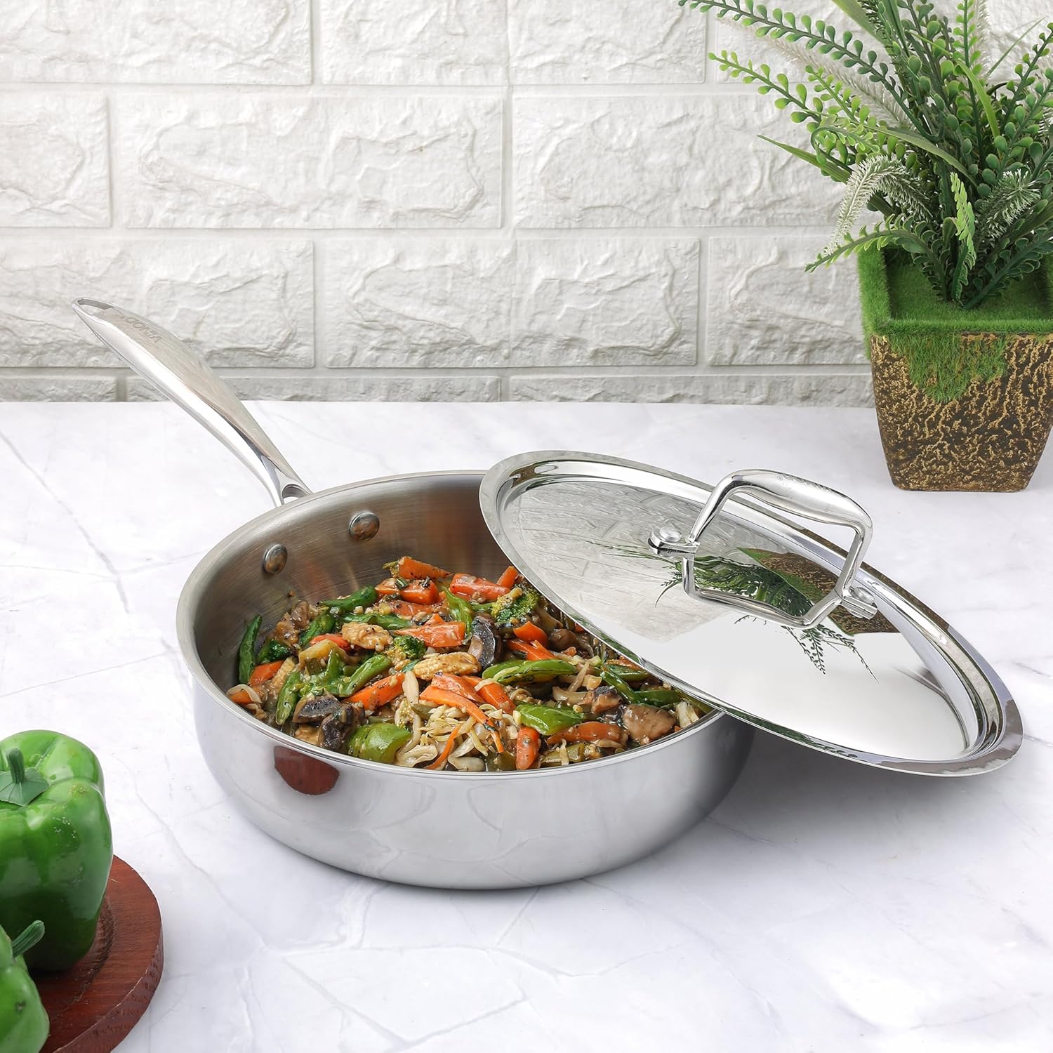 Vinod Platinum Triply Stainless Steel Sautepan With Lid | 2.6 Litres | 24 Cm