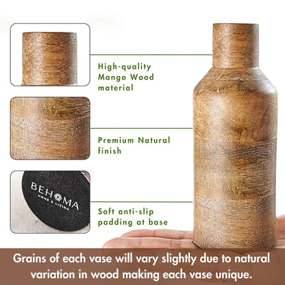 Behoma Wooden Flower Vase Set of 2 Bottle Shape Mango Wood Vases Height Natural Light Brown Flowers not Included