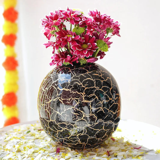 Behoma Metal Ball Vase for Home Decor Black Crackled Medium Flowers not Included