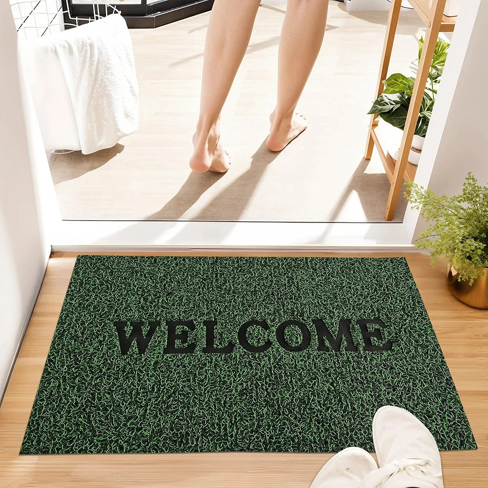 Kuber Industries Anti-Slip Welcome Print Grass Door Mats for Home Green