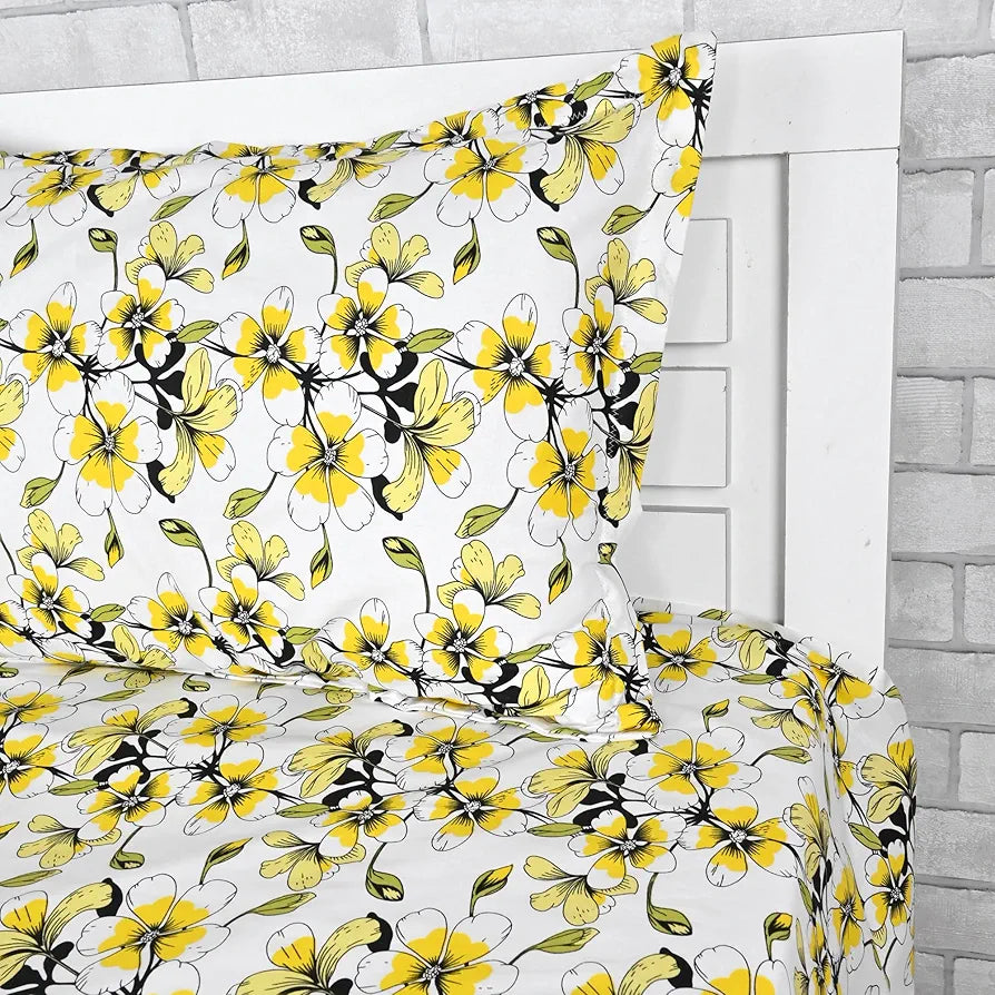 Divine Casa Bedsheet for Single Size Bed 144 TC Cotton Bedsheet for Single Size Bed with 1 Pillow Cover  Floral Colour Golden Daffodil