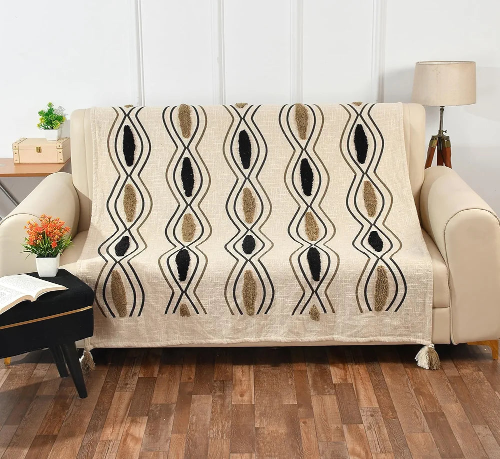 Sashaa World Chic Beige Black Patterned Cotton Throw Colour Beige/Black/Natural