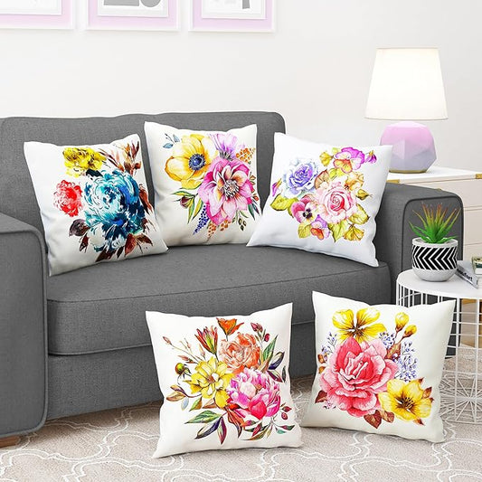 Story@Home Cushion Cover Polyester Cover Vibrant Red & Blue Floral Design Pillow Cover Set of 5