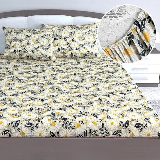 Divine Casa Floret 100% Cotton King Fitted Bedsheet 144 TC Deep Pocket Design Soft & Breathable Fabric Vintage Daisies Colour Multicolor