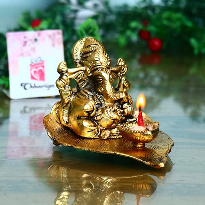 Chhariya Crafts Metal Ganesh Idol with Diya Deepak Showpiece - 8 cm