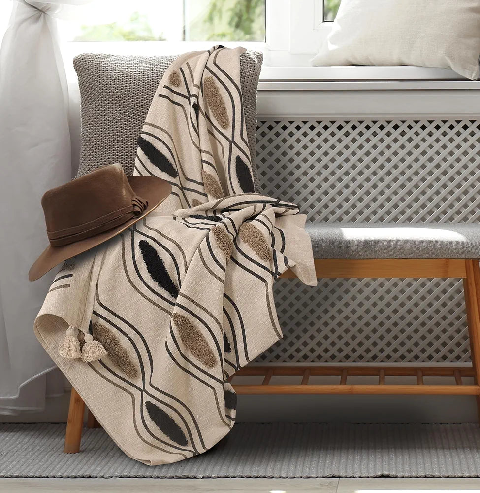 Sashaa World Chic Beige Black Patterned Cotton Throw Colour Beige/Black/Natural