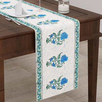 Blocks Of India Hand Block Printed Cotton Table Runner For Center Dining Table Blue Motifs Large