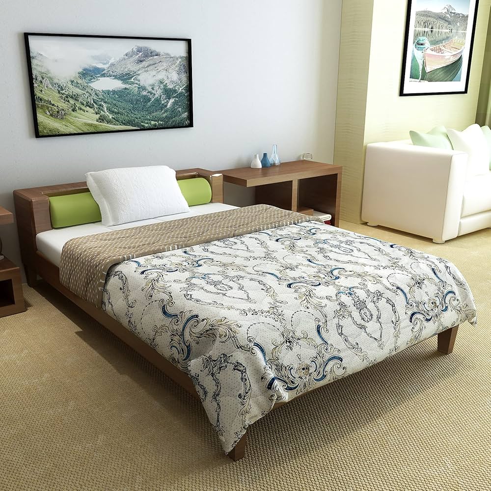 Divine Casa Microfibre Mild Winter 120 GSM Printed Reversible Single Bed Size Quilt Comforter Colour Blanket Beige and Brown