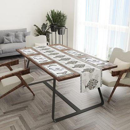 Blocks Of India Hand Block Printed Cotton Table Runner Mat and Napkin Set for Center Grey Buta