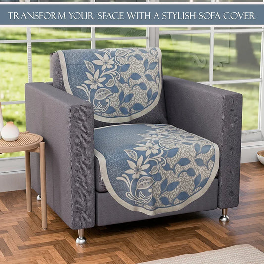 Kuber Industries 5 Seater Cotton Sofa Cover Slip Cover Set of 10 Pieces Floral Blue