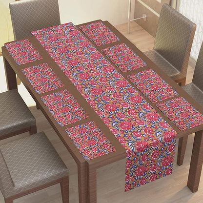 Texstylers Cotton Canvas Block Printed Jaipuri Rajasthani 1 Table Runner and 8 Placemat Set Mustard Red