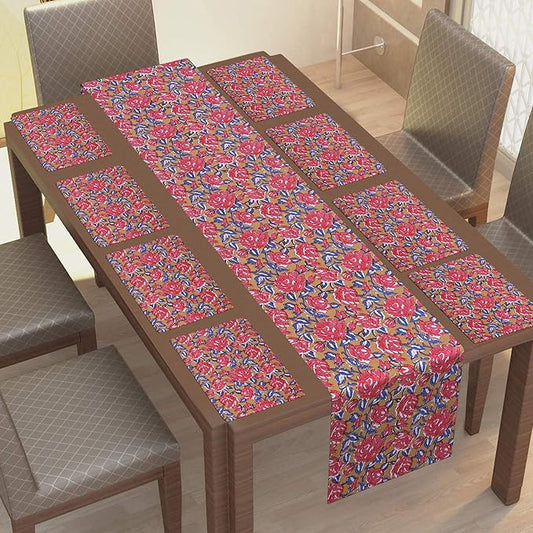 Texstylers Cotton Canvas Block Printed Jaipuri Rajasthani 1 Table Runner and 8 Placemat Set Mustard Red