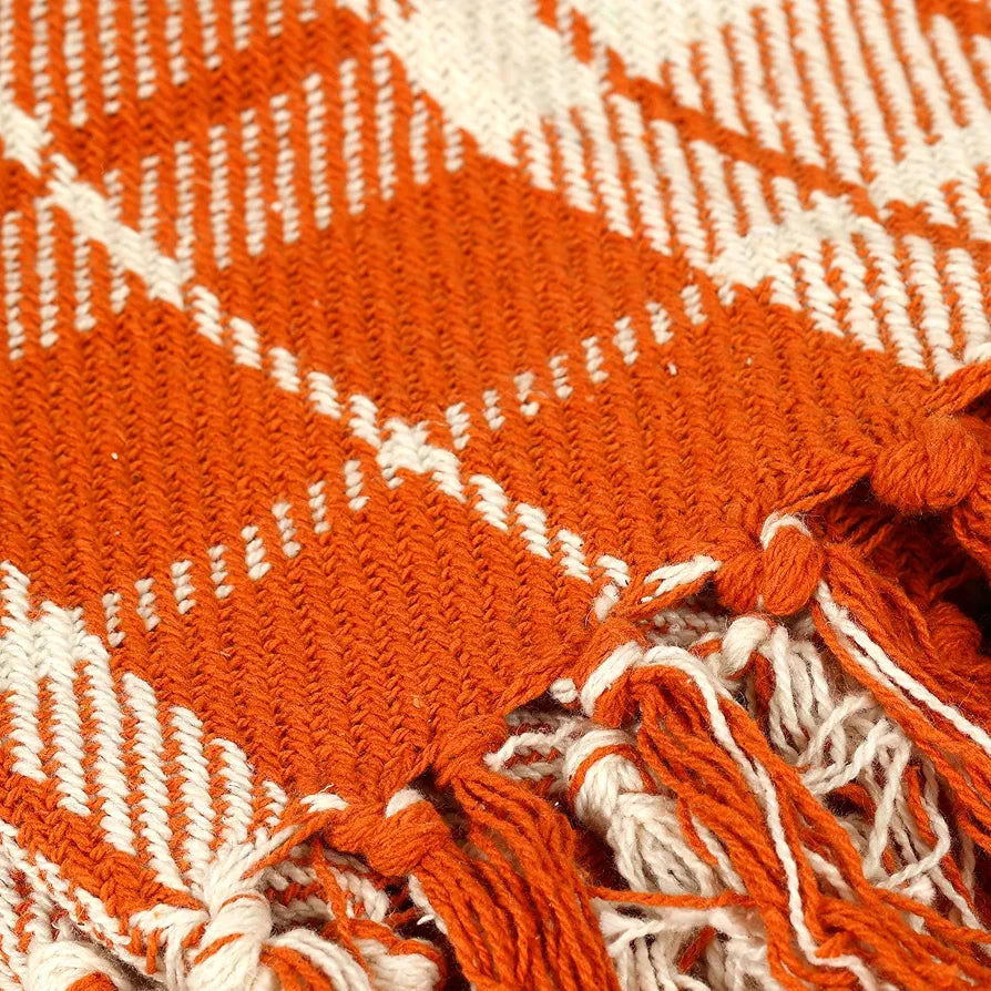 Sashaa World Plaid Blanket Throw Colour Orange & White