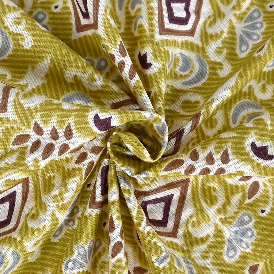 Divine Casa 144 TC Pure Cotton Single Size Bedsheet with 1 Pillow Cover Geometric Diamond Print Colour Golden Lime Grey