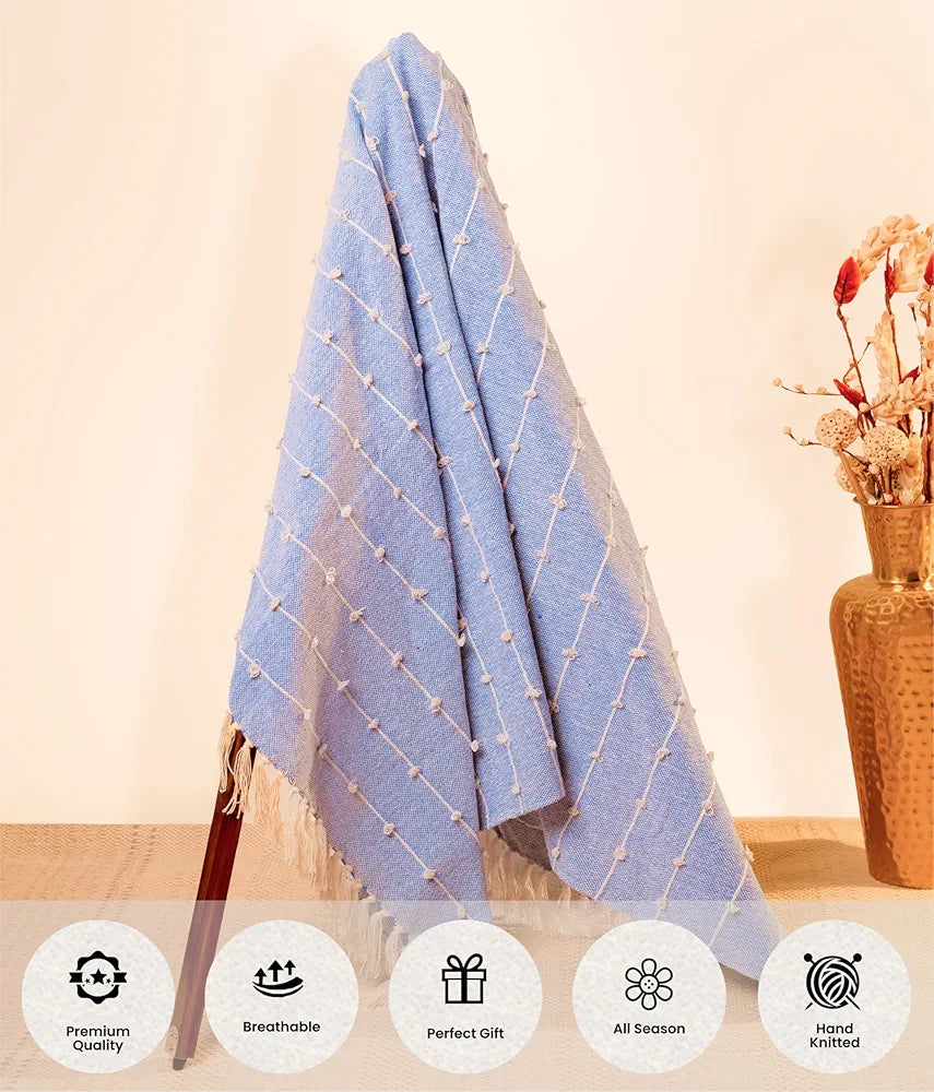 Sajavat Home Hand-Knitted Pure Cotton 3 Seater Sofa Throw Colour Blue