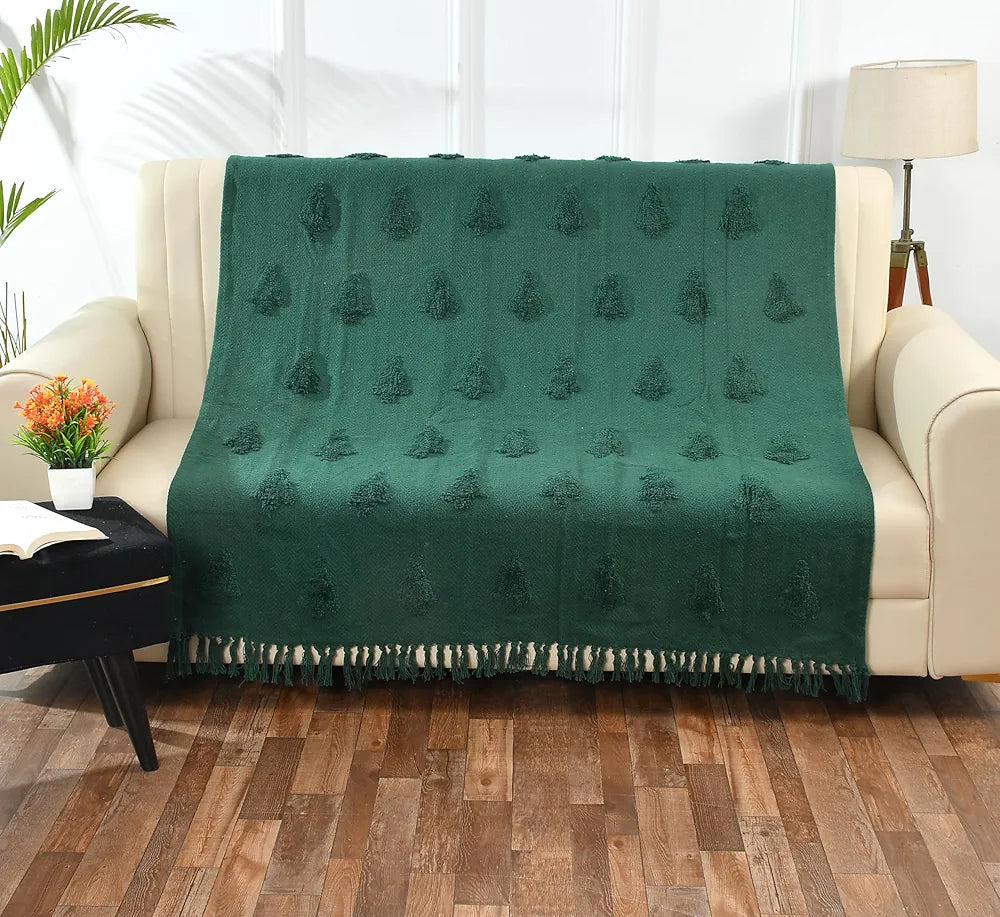Sashaa World Green Cotton Throw Colour Dark Green