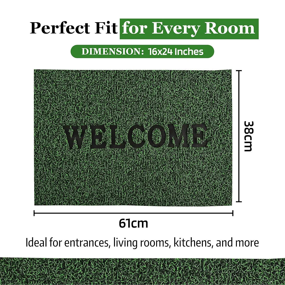 Kuber Industries Anti-Slip Welcome Print Grass Door Mats for Home Green