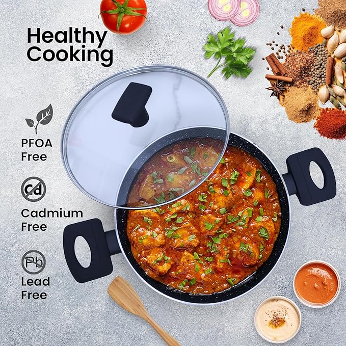 Solara 24cm 2.4L Non Stick Kadai Induction Kadai Granite Stone with Glass Lid Black Colour