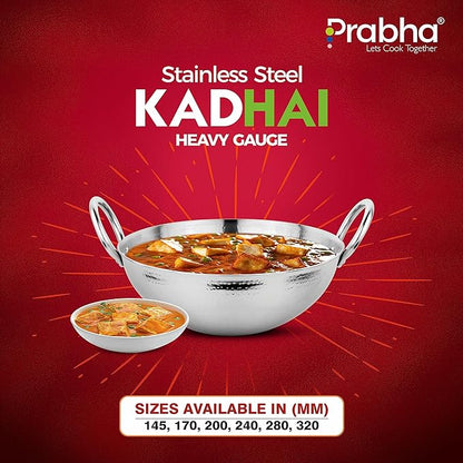 Prabha Stainless Steel Hammered Finish Heavy Gauge Kadhai Kitchen Wok with 3.4L Capacity 280 mm