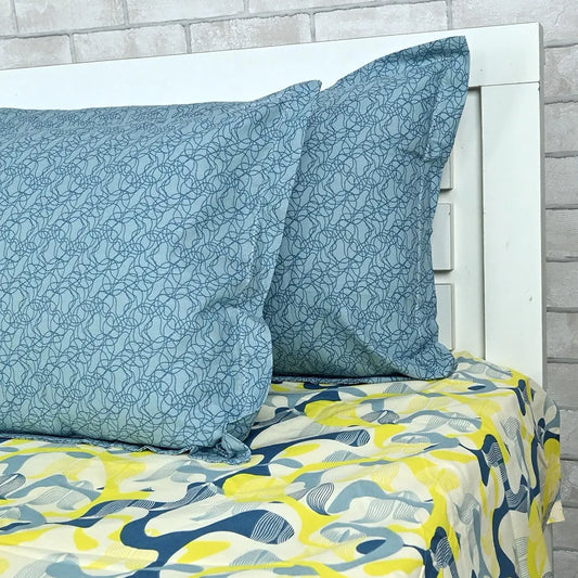 Divine Casa 144 TC 100% Pure Cotton Queen Size Double Bed Bedsheet with 2 Pillow Covers Geo Petals Colour Sky Blue Lemon
