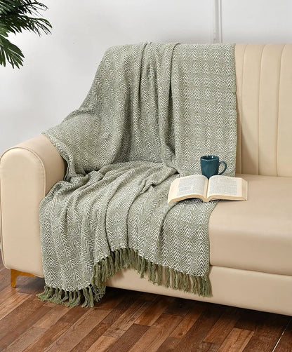 Sashaa World Soft Herringbone Throw Blanket Colour Green And Ivory