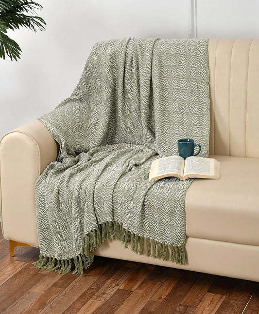 Sashaa World Soft Herringbone Throw Blanket Colour Green And Ivory