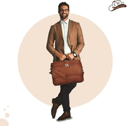 Leather World Synthetic Leather Briefcase 15.6 Inch Tan Laptop Expandable Messenger Shoulder Office Bag with Strap for Men and Women