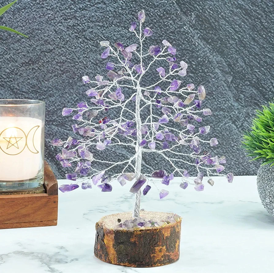 Crocon Amethyst Gemstone Money Tree Feng Shui Bonsai Silver Wire
