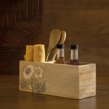 Ellementry Fleur D'Or Wooden Cutlery Holder Premium Spoon Knife Fork Stand Handcrafted Tableware Storage Box