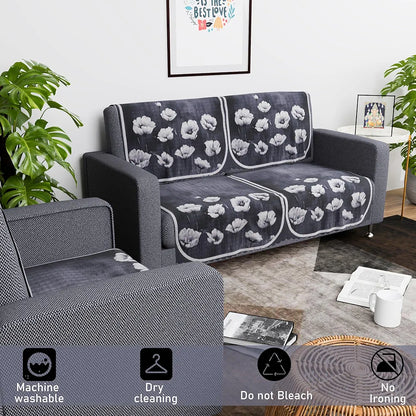 Kuber Industries Set of 6 Durable 2+1 Seater Sofa Covers Lotus Print Grey