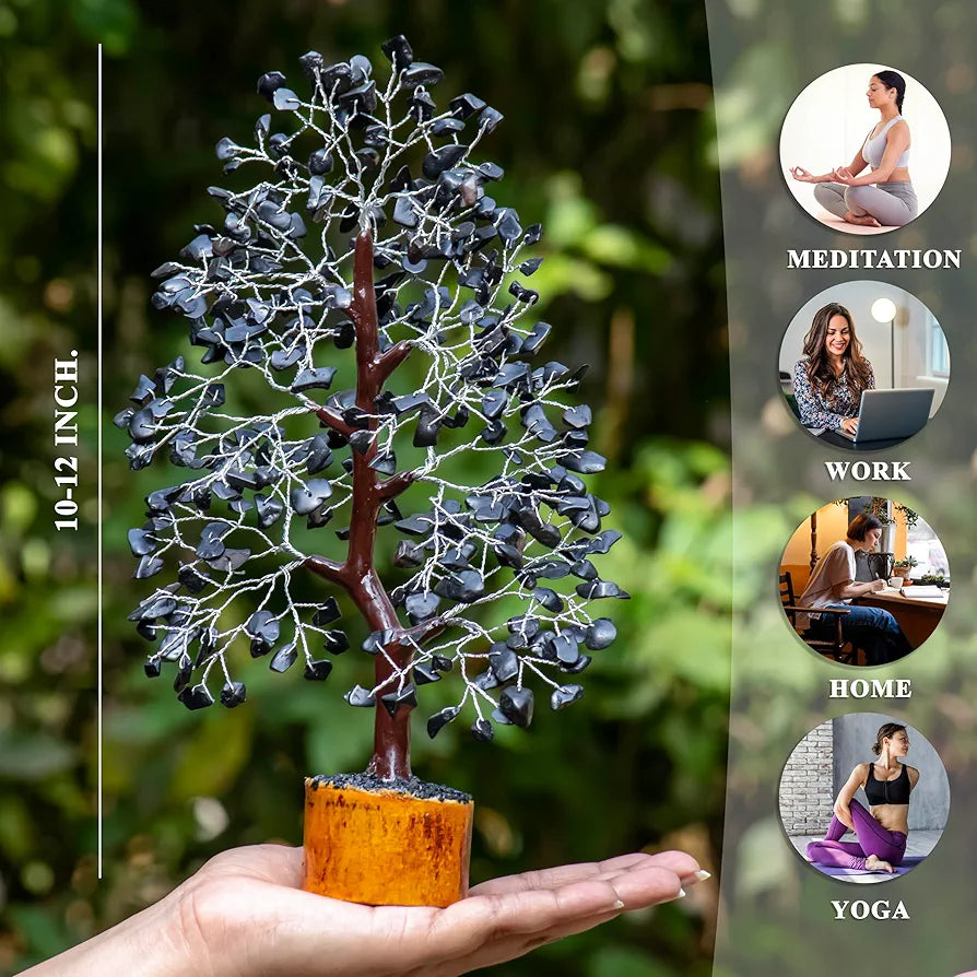 Hindcraft Black Tourmaline Crystal Tree Silver Wire 10-12 inch