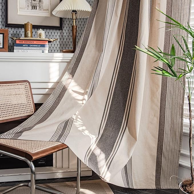 Huesland Cotton Curtains for Door, 7 Feet Long 1 Bohemian Eyelet Curtain | Beige & Grey Stripes